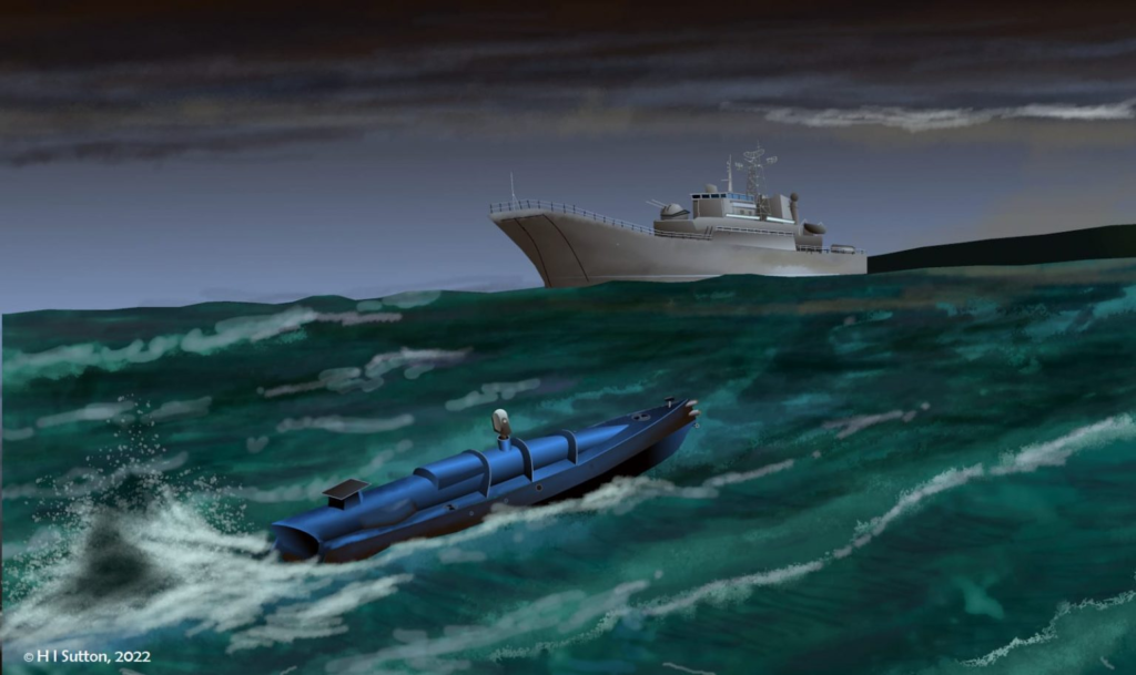Ilustracja bezzałogowego pojazdu morskiego w działaniu.