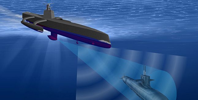 Okręty bezzałogowe Sea Hunter mogą skutecznie tropić i zwalczać okręty podwodne. / Grafika: DAARPA