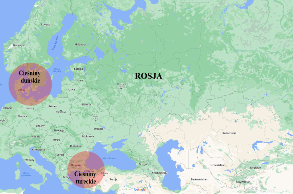 Mapa przedstawiająca najważniejsze cieśniny europejskie, których blokada może być katastrofalna dla gospodarki rosyjskiej. / Zdjęcie: Google Maps