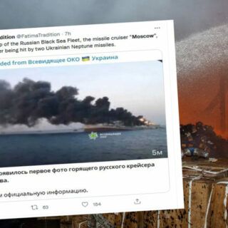 Zdjęcie płonącego krążownika rakietowego Moskwa. / Zdjęcie: Źródło: PAP, Twitter