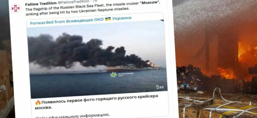 Zdjęcie płonącego krążownika rakietowego Moskwa. / Zdjęcie: Źródło: PAP, Twitter