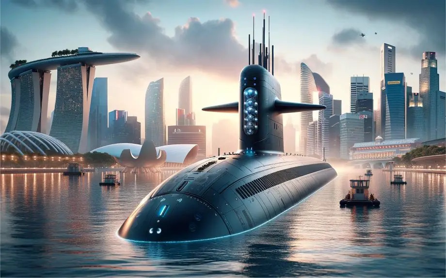 Artystyczna wizja okrętu podwodnego odwiedzającego Singapur. / Grafika: obraz stworzony przez sztuczną inteligencję